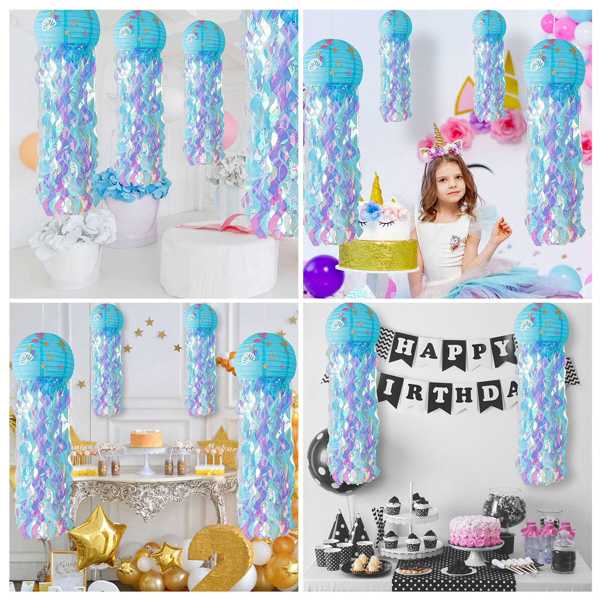 Mermaid Wishes Jellyfish Hanging Paper Lanterns Birthday Decorations (Blue)