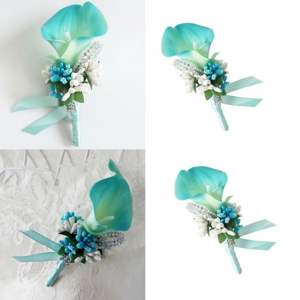 2 Pieces  Calla  Rhinestone Groom Bridal Wedding Corsage Sky