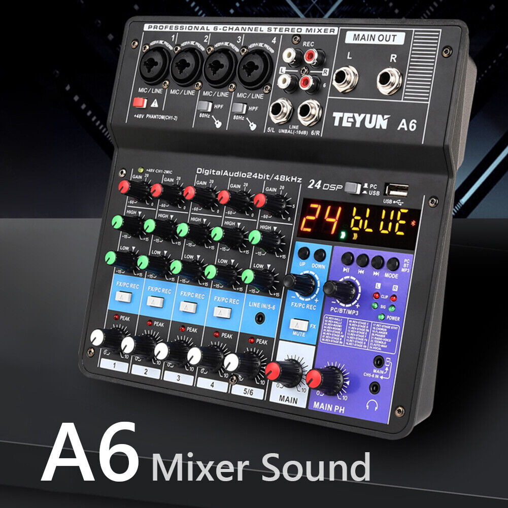 Mixer Sound Mixing Console USB Soundcard DJ Audio 48V Power (6 Channel EU)