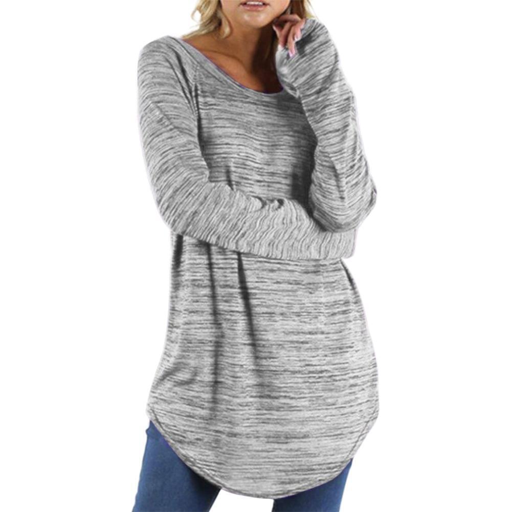 Women Casual Long Sleeve T-shirt Irregular Hem Tops Street Wear (Grey L)