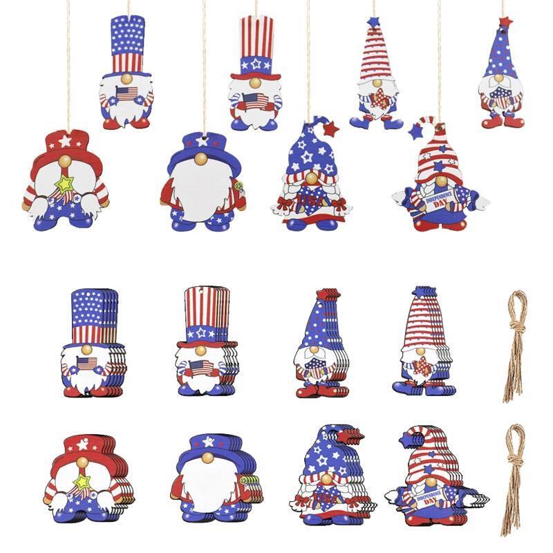 40Pcs Patriotic Gnome Wooden Ornament 4th of July Independence Day Elf Pendants