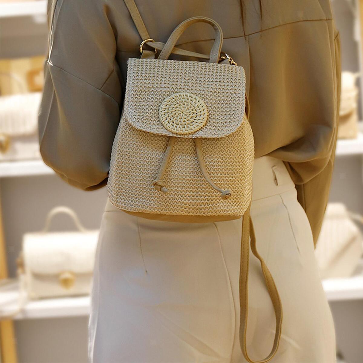 Straw Backpack Rattan Knitted Stylish Tote Handwoven for Summer Women Girls