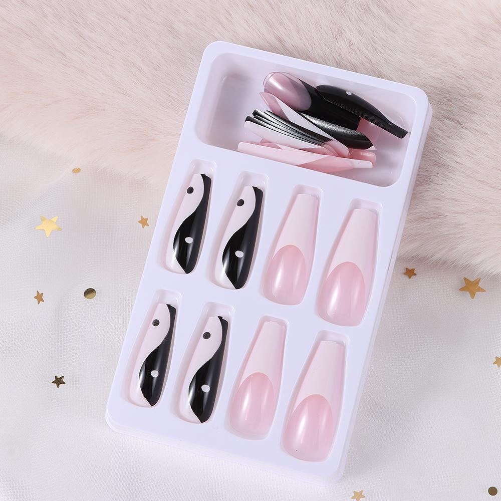 False Nail Tips White and Black Mixed Colors with Taichi Design Long Coffin