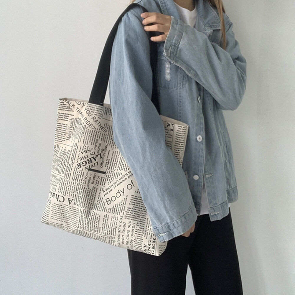 Women Canvas Newspaper Print Shoulder Shopping Bags Large Tote Handbags