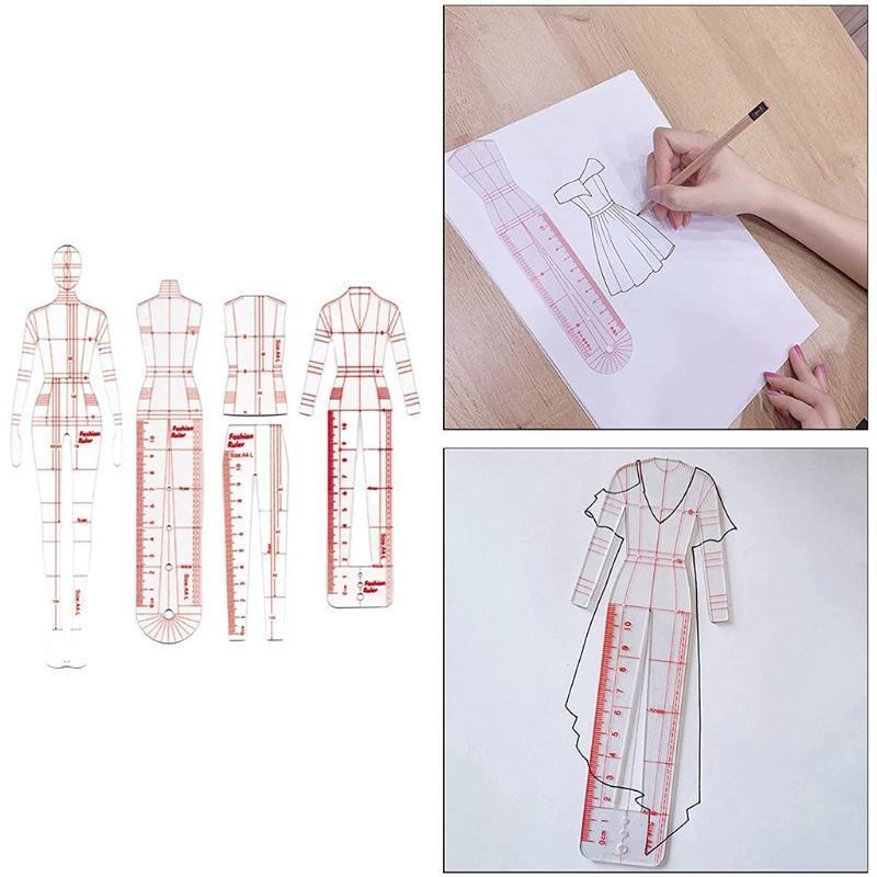 4 Pcs Fashion Sketching Ruler Set for Dressmaking Tailoring Designing Drawing