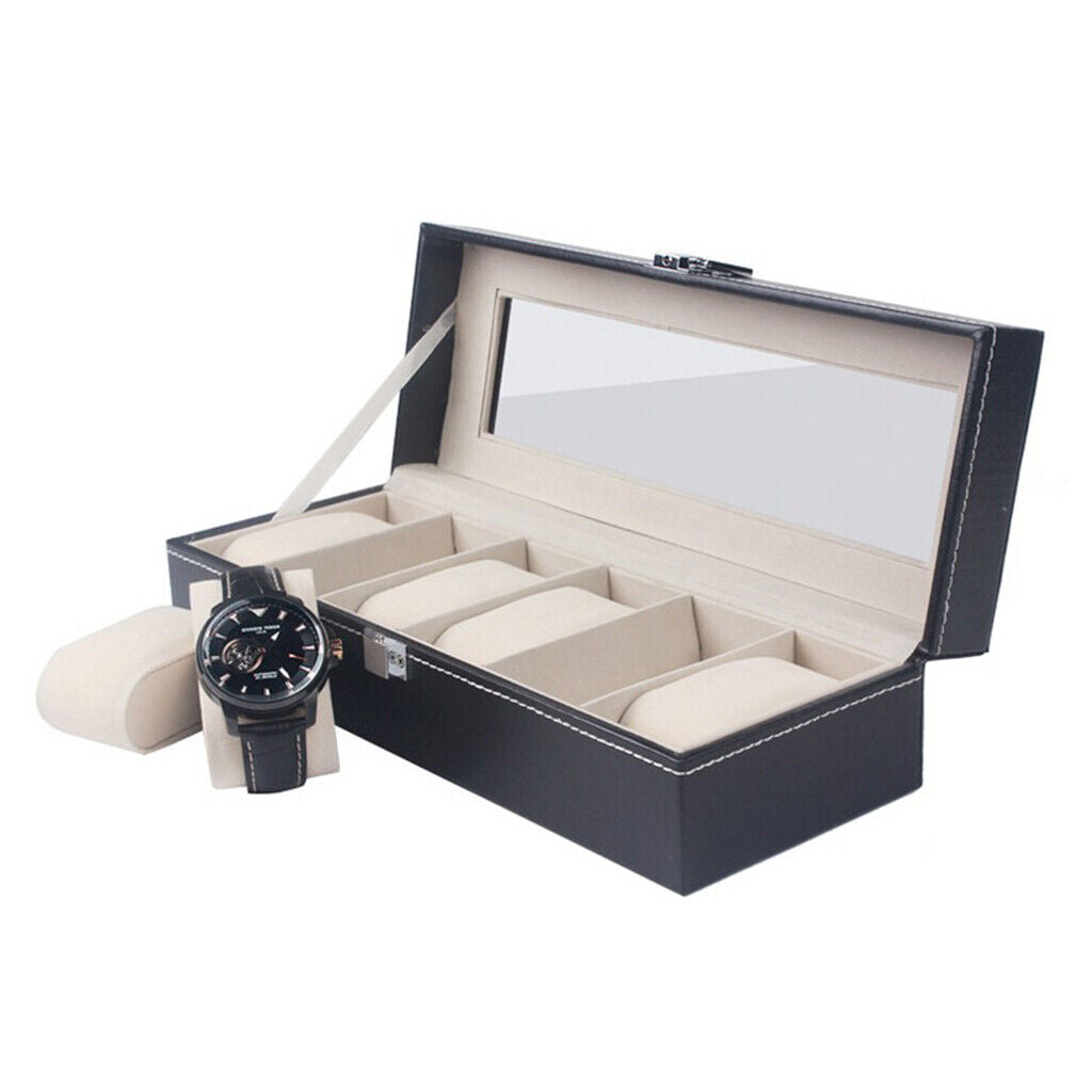 Luxury 6 Compartment Pu Leather Watches Box Jewelry Display Watch Showcase