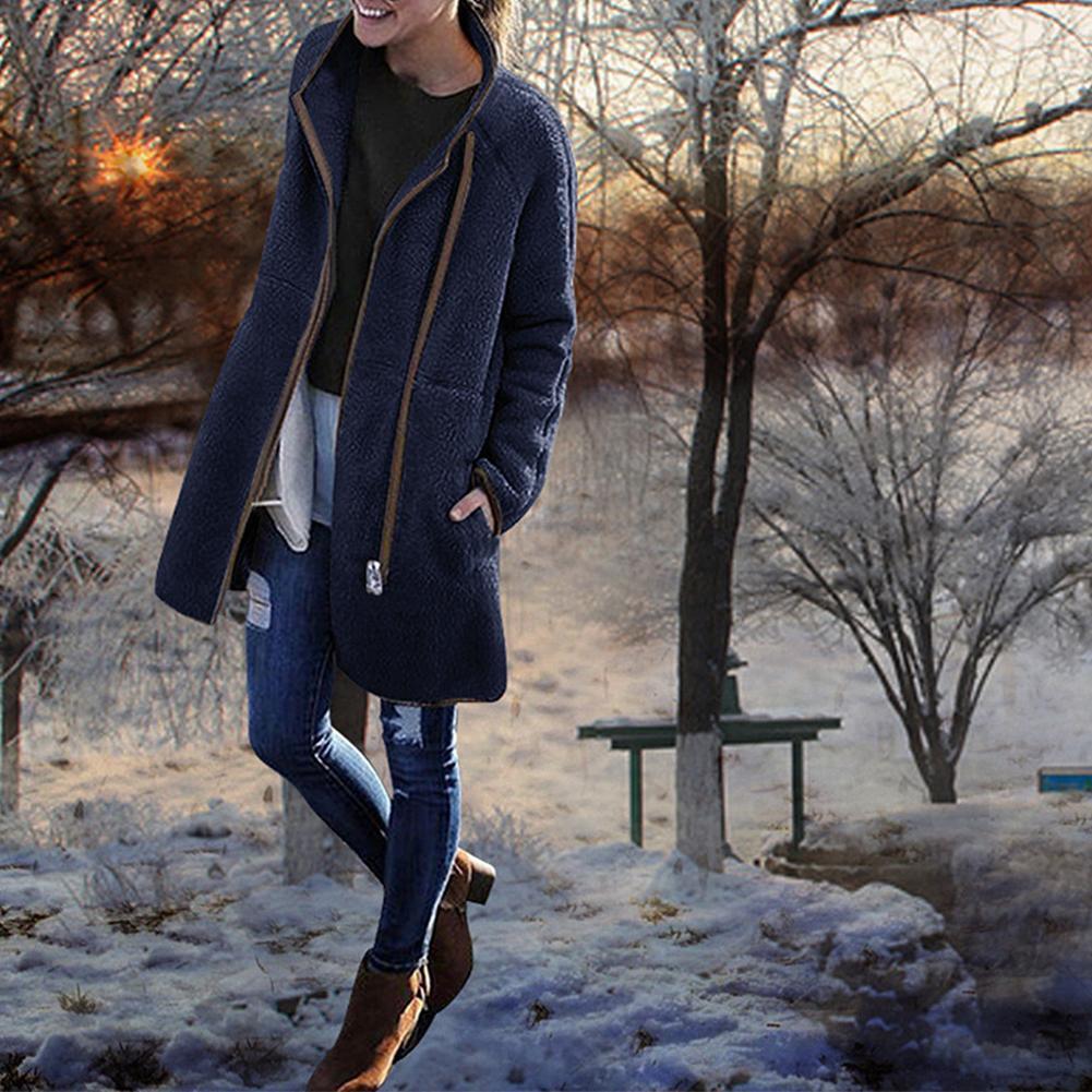 Splicing Color Long Sleeve Coat High Neck Women Zip Outwear (Dark Blue XL)