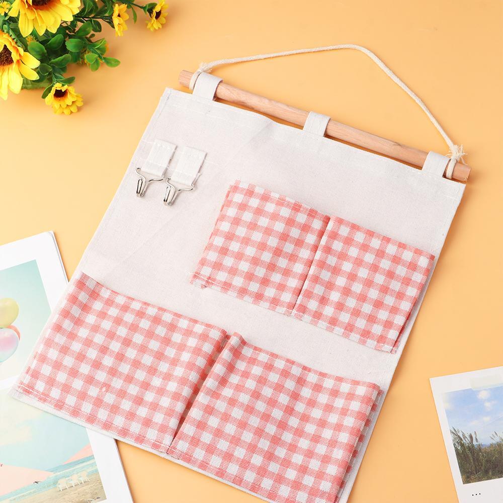 Storage Wall Behind The Door 4 Pockets Storage Bags Pink Grid Hanging Bag