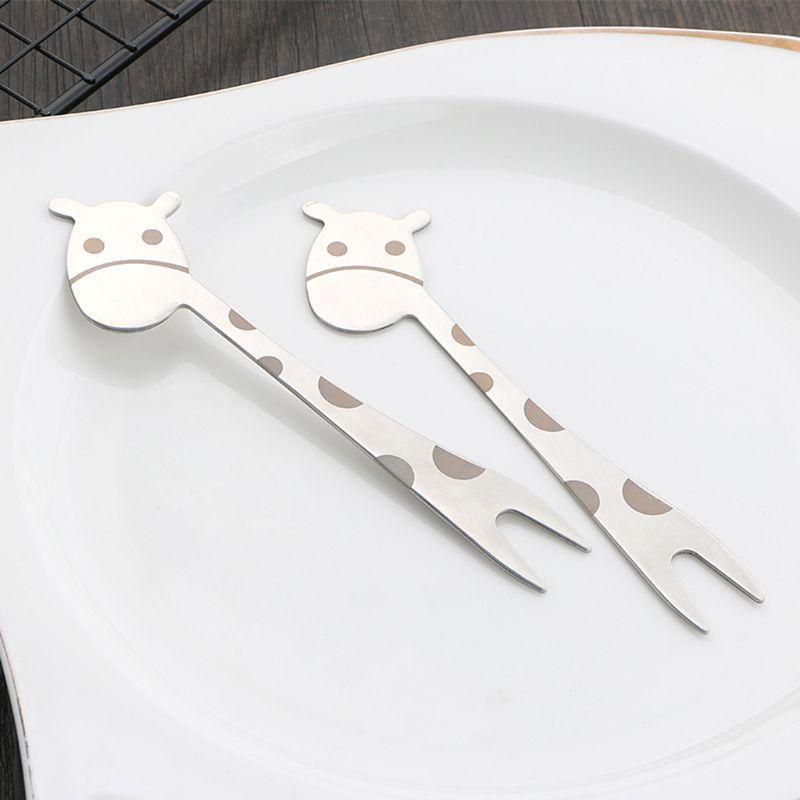Stainless Steel 2 Tines Giraffe Fork Dessert Cake Fruit Salad Cutlery Flatware