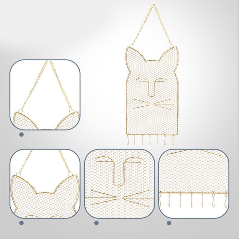 Metal Grid Cat Shaped Wall Shelf Earring Organizer Jewelry Holder Bracelet Ring