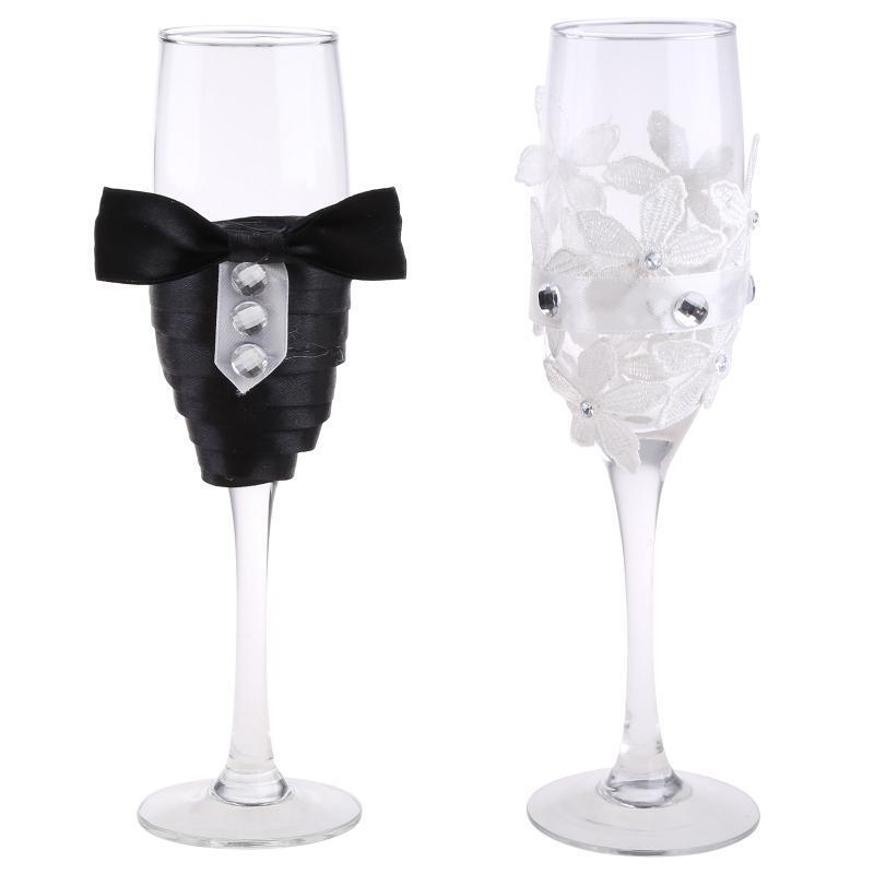 2pcs Set Wedding Glass Creative Black White Dress Crystal Wedding Champagne Glas