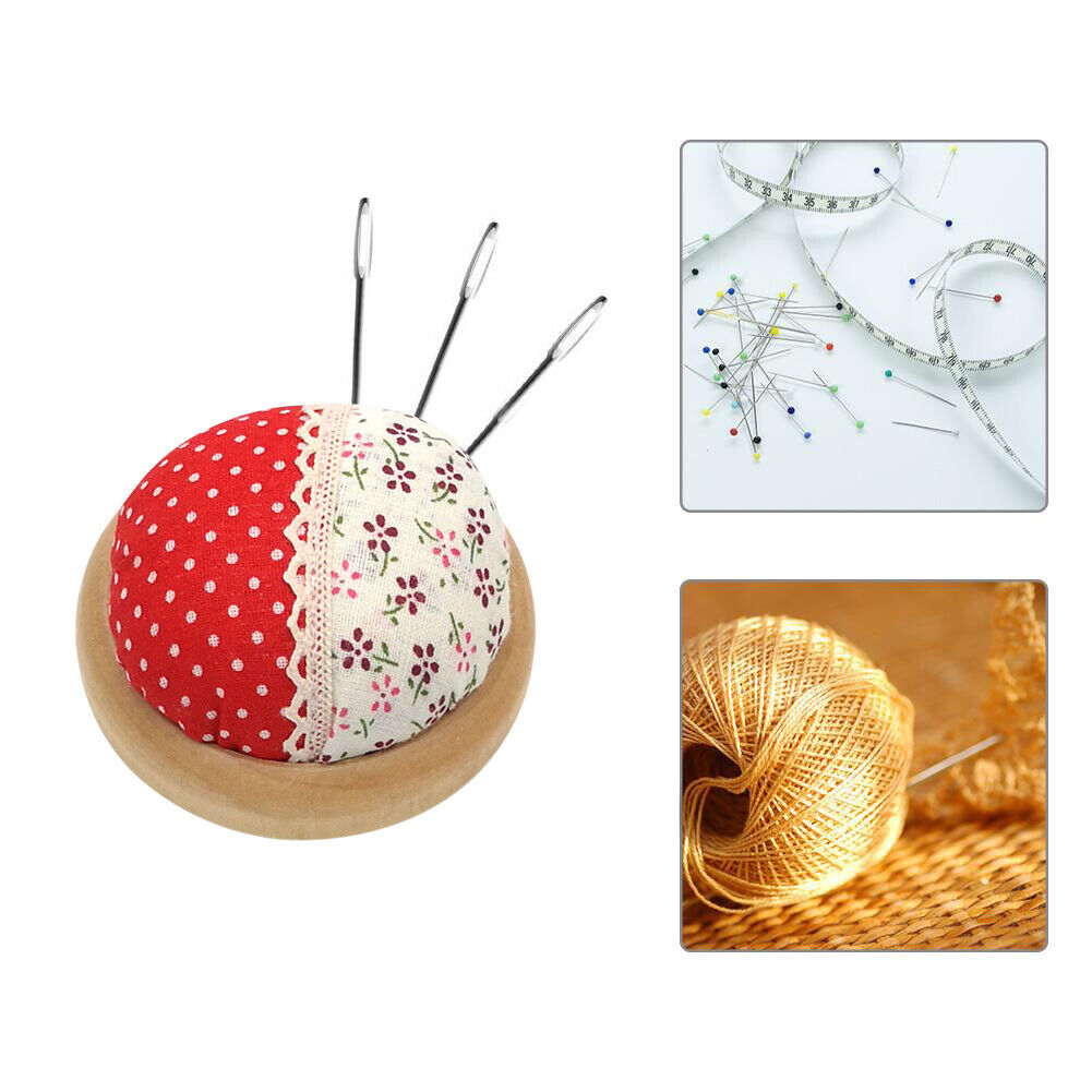 Splicing Pastoral Round Pin Cushion Wood Base Fabric Needle Storage Holder