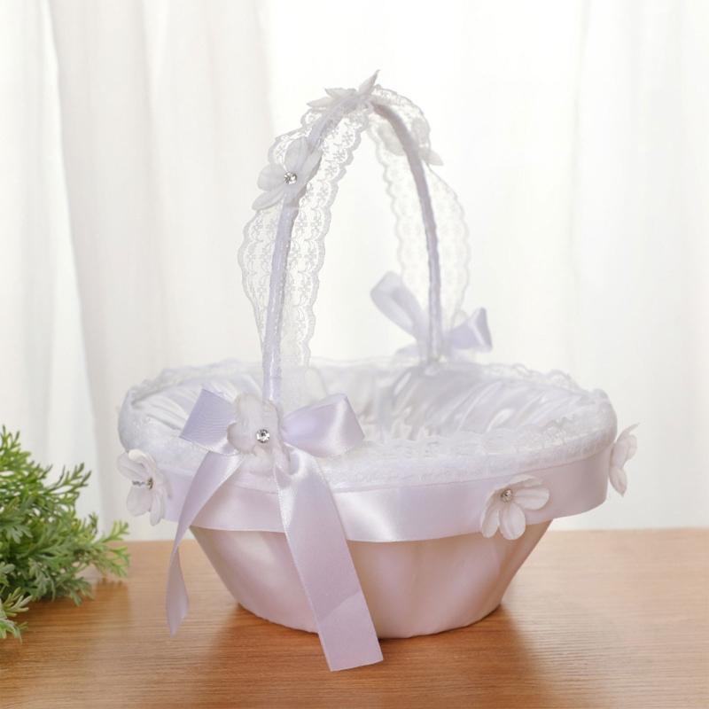 Flower Girl Basket with Removable Lace Handle for Wedding Faux Flowers Decor