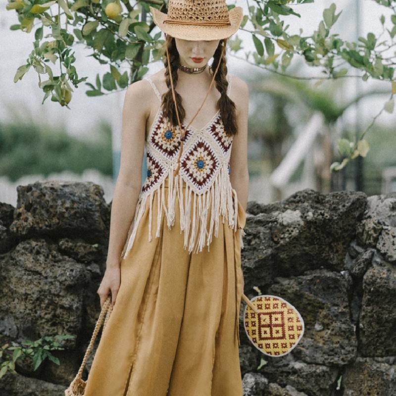 Women Boho Crochet Sleeveless Crop Top Tassel Hem V-Neck Diamond Plaid Camisole