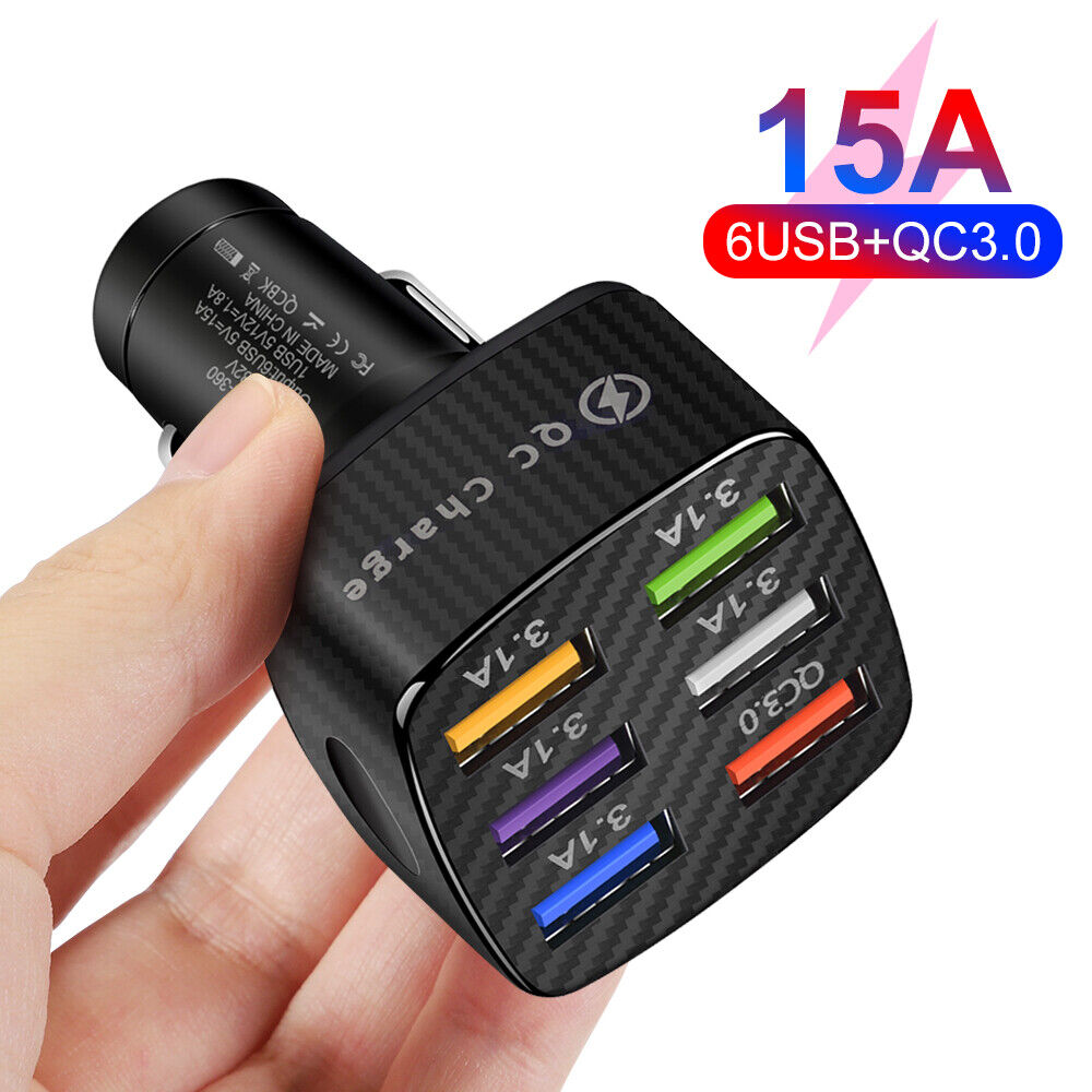 15A 6 Ports USB Car Charger QC3.0 Fast Charging Cell Phone Adapter (Black)