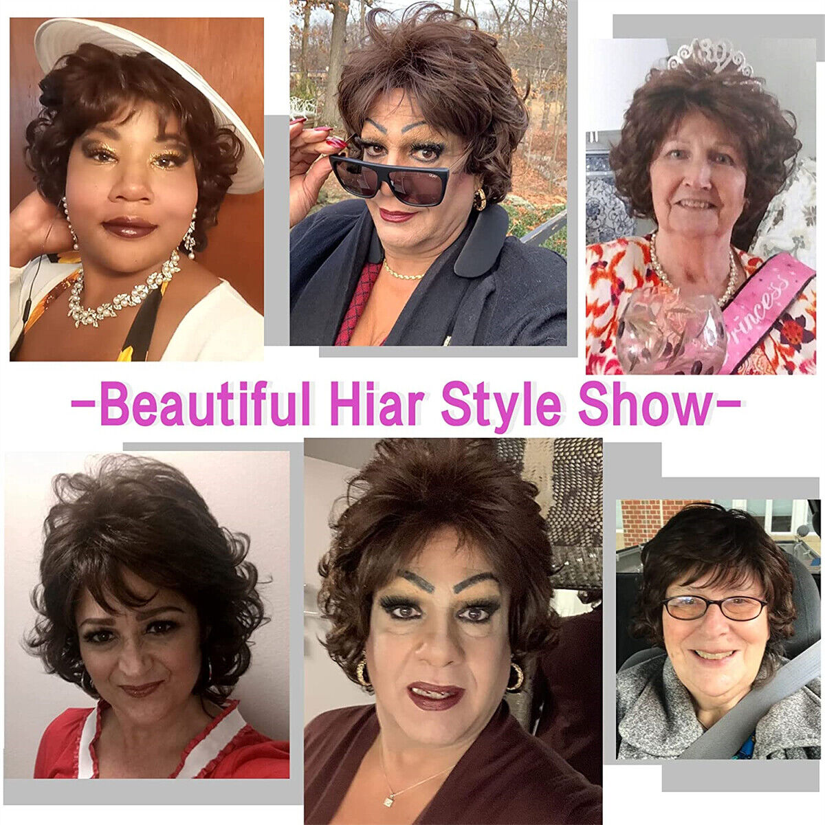 Women Ladies Fashion Short Curly Wig Natural Brown BOB Wavy Hair Wigs with Bangs