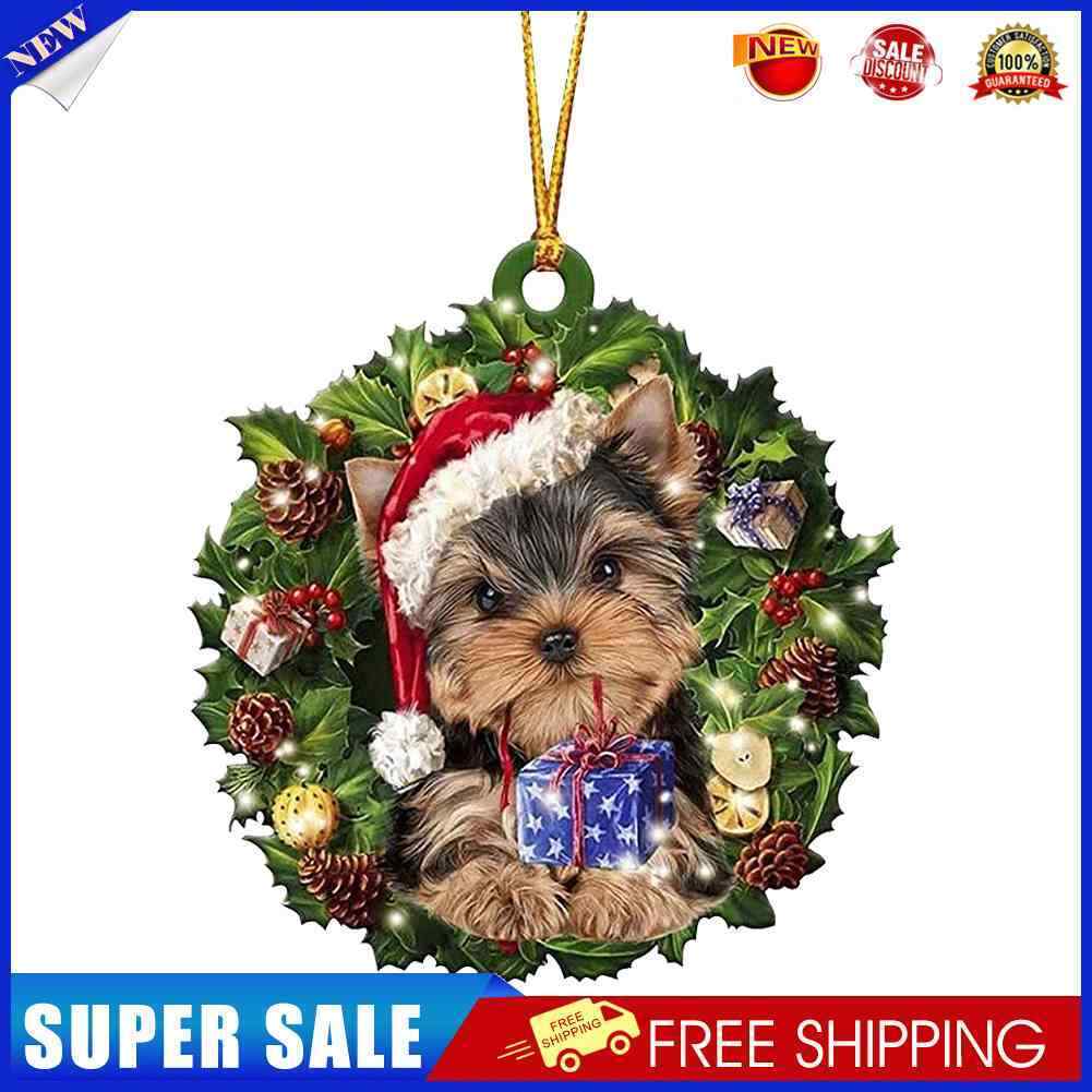 Christmas Wood Dog Wreath Pendant Home Wall Xmas Tree Festival Decor (A)