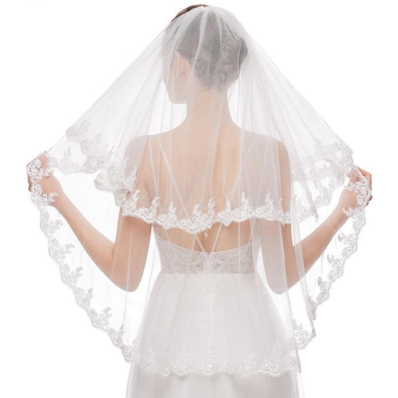 Wedding Veil Double Layers Lace Trims Elbow Length Short Tulle for Brides