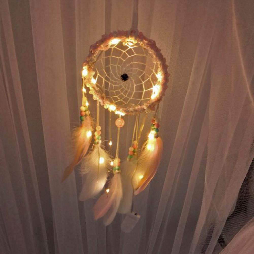 Romantic Feathers Beads Light Dream Catcher Bedroom Hanging Pendant Decor