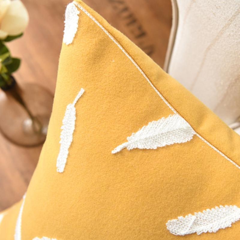 Nordic Yellow Cotton Linen Throw Pillow Case Tufted Embroidery White Feather Pat