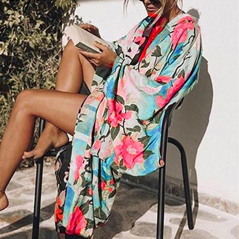 Fashion Women Long Shirt  Robe Over Sized Bikini Cover Up Blossom Print Kaftan