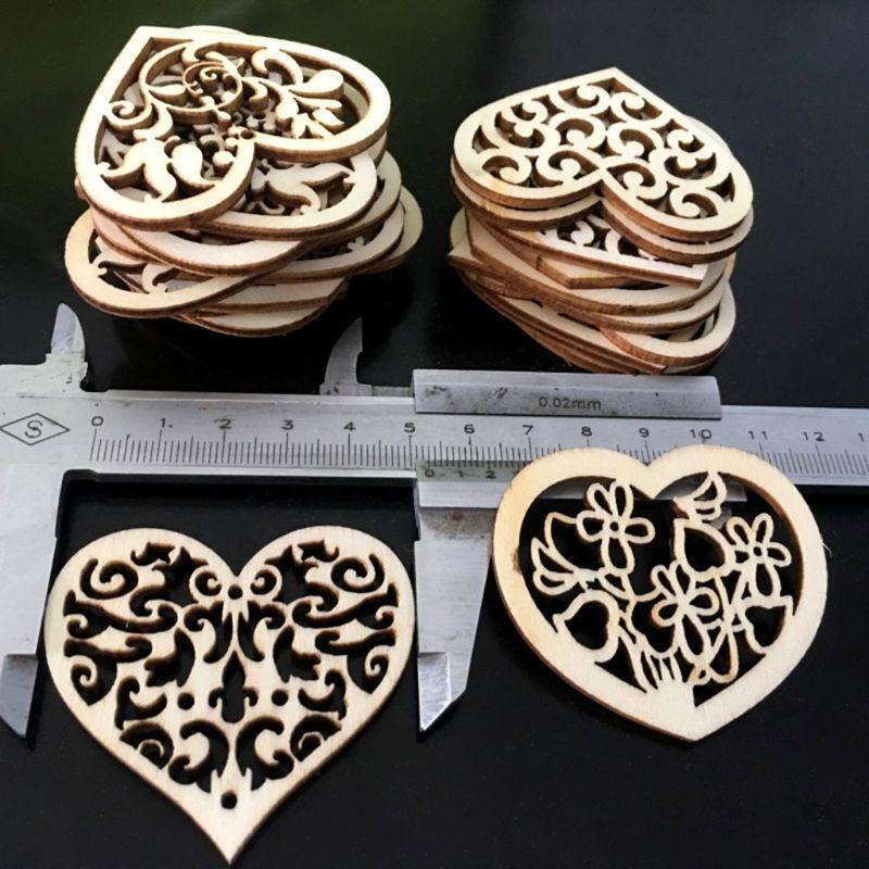 50pcs Carving Hollow Heart Flower Wooden Painting Scrapbooking Craft Handmade