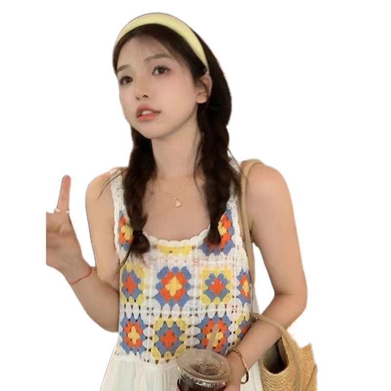 Hollow Out Knit Geometric Beach Loose Women Summer A-Line Long Flowy Tank Dress
