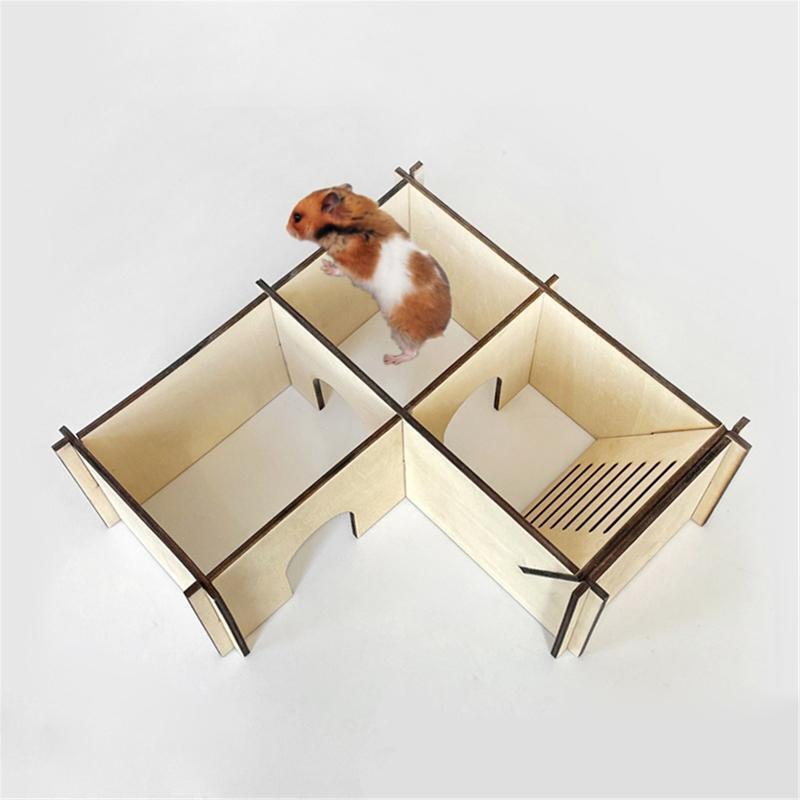 Syrian Hamster House Wooden Hideout 3-Room L-Shape Safe for Small Animals