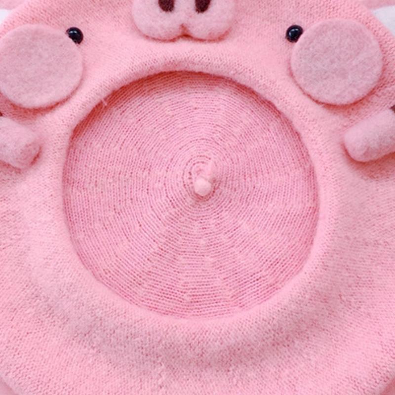 Lovely Pink Piggy Beret Octagonal Hat Wool Beret All-match for Valentine's Day