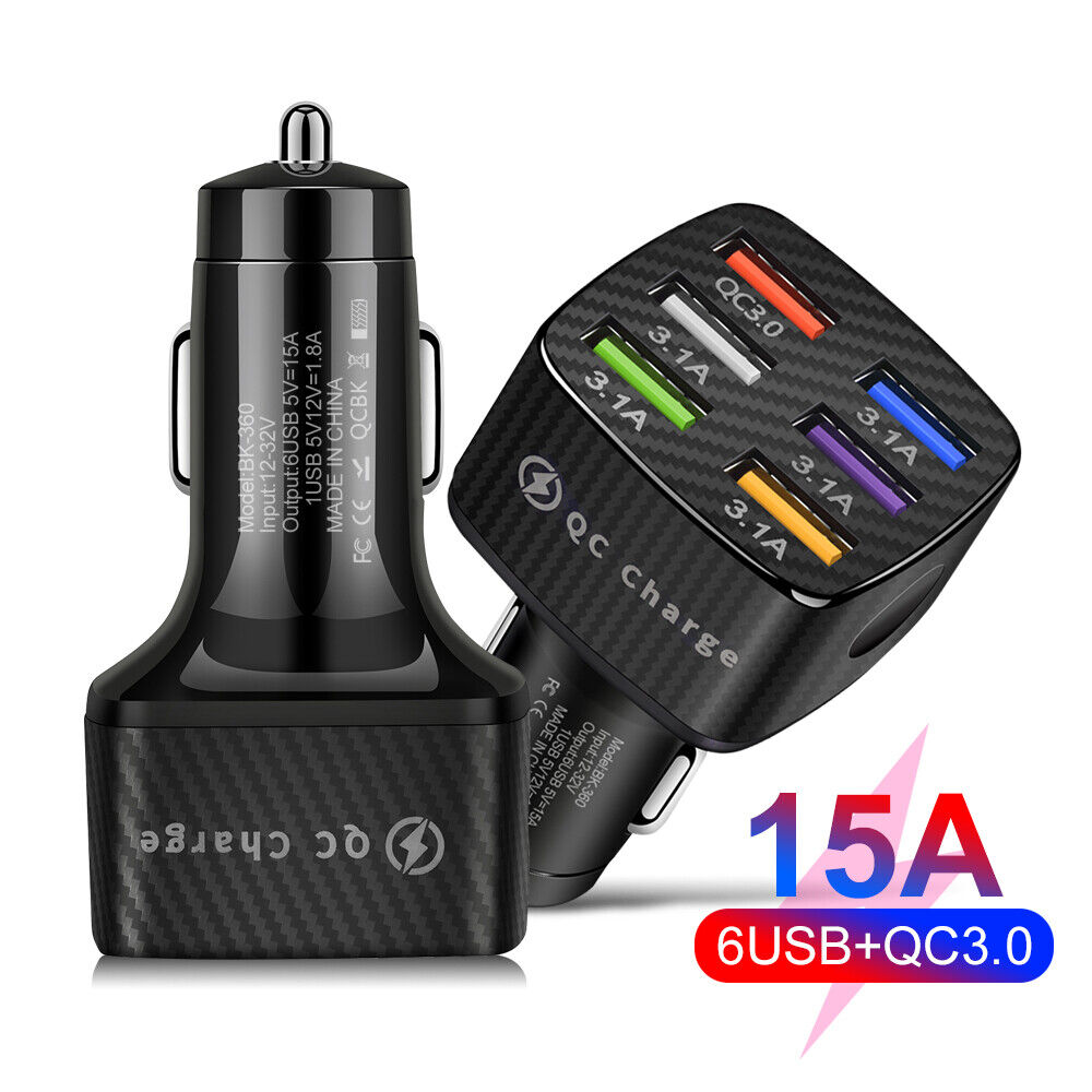 15A 6 Ports USB Car Charger QC3.0 Fast Charging Cell Phone Adapter (Black)