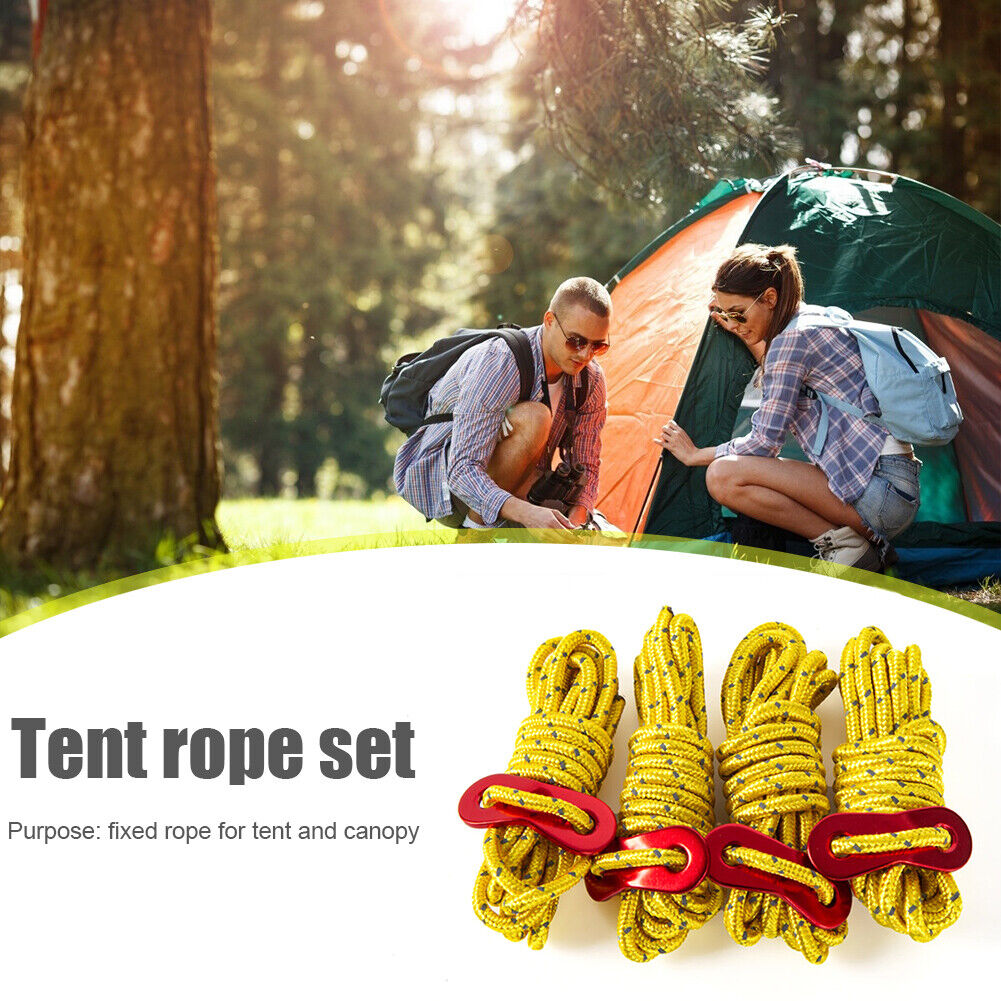 4x 4mm Tent Wind Rope Cord Camping Reflective Lanyard with Buckle (Yellow)