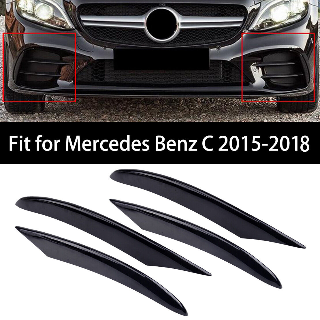 Glossy Black Front Bumper Driving Fog Lights Lamps Bezel Cover For Benz C Class