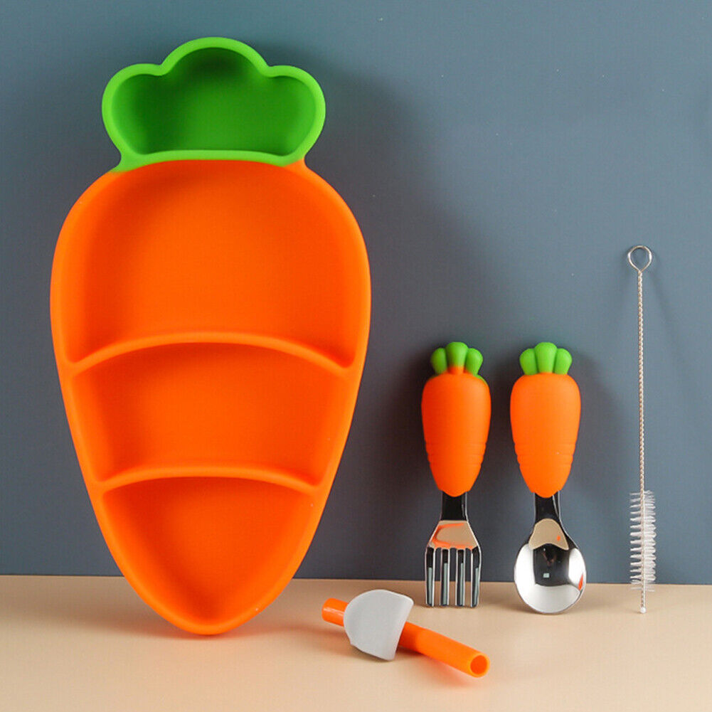 Stainless Steel Silicone Carrot Cutlery Feeding Plate Training Spoon Set