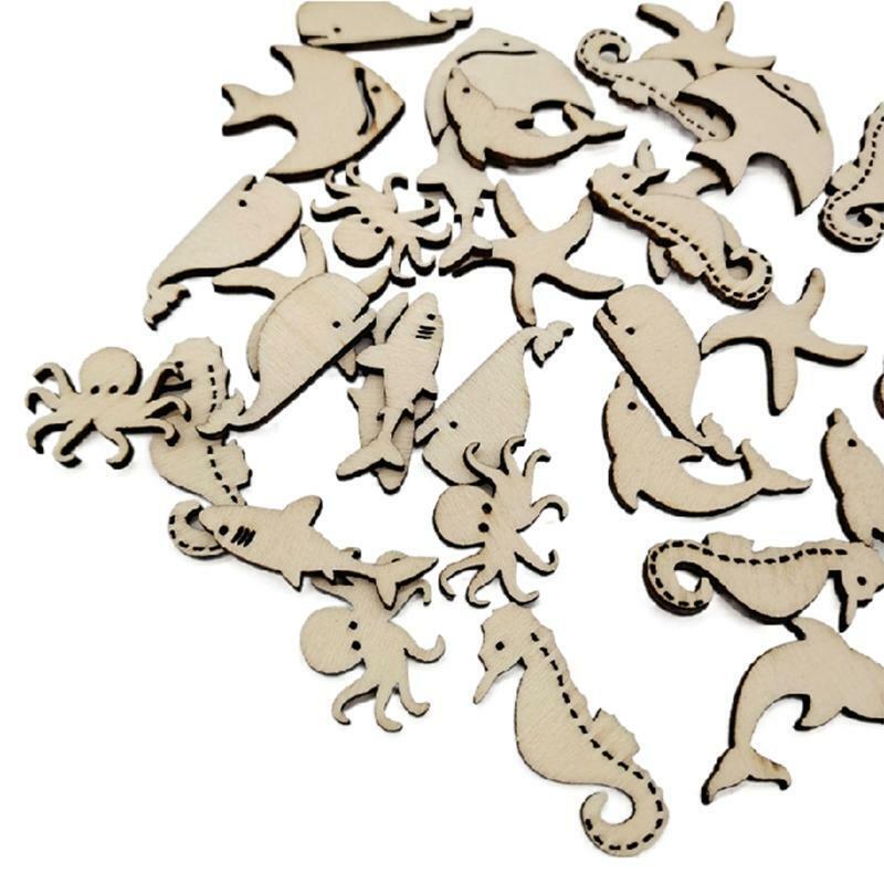 50 Pcs/Set Ocean Sea Animals Craft Cutouts Unfinished Natural Wooden Slices Kit