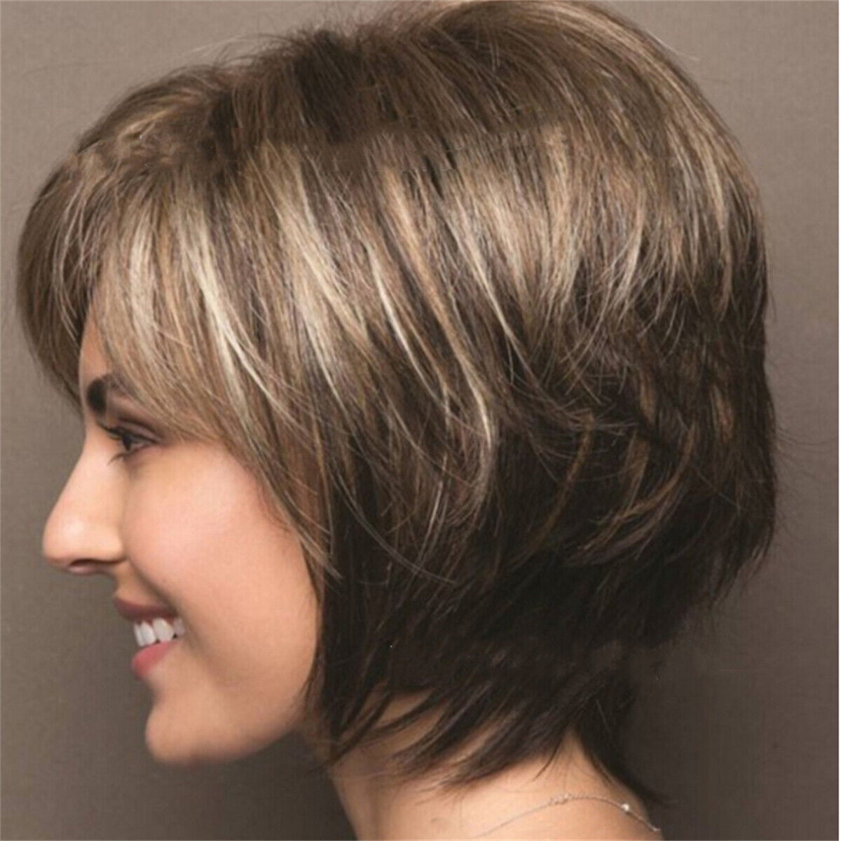 Short Straight Wig with Bangs Brown Highlight Blonde Synthetic Wigs for Women