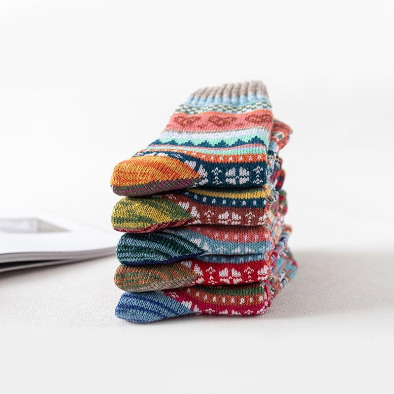 5 Pairs Women Warm Faux Wool Knit Socks Ethnic SMulticolor Heart Striped Hosiery