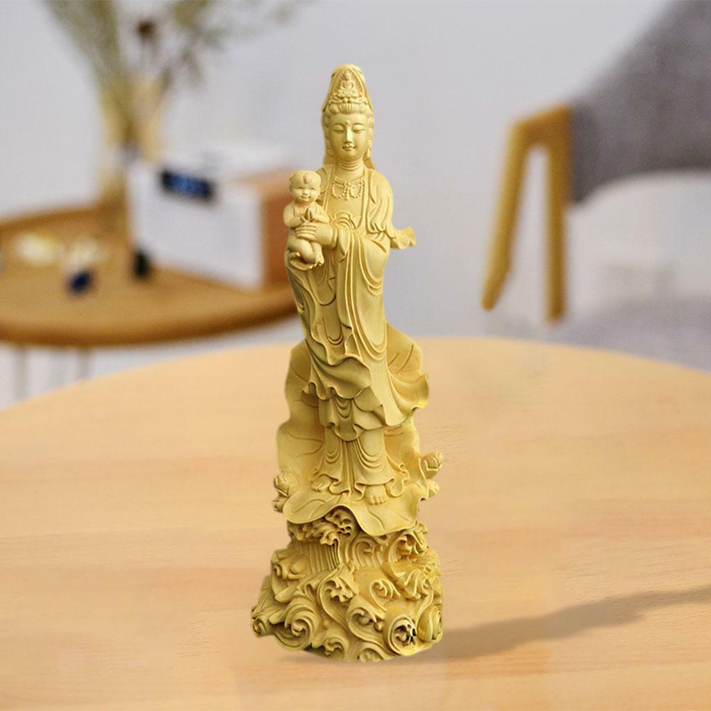 Boxwood Guanyin Sculpture Buddha Statue  for Tabletop Office Decor