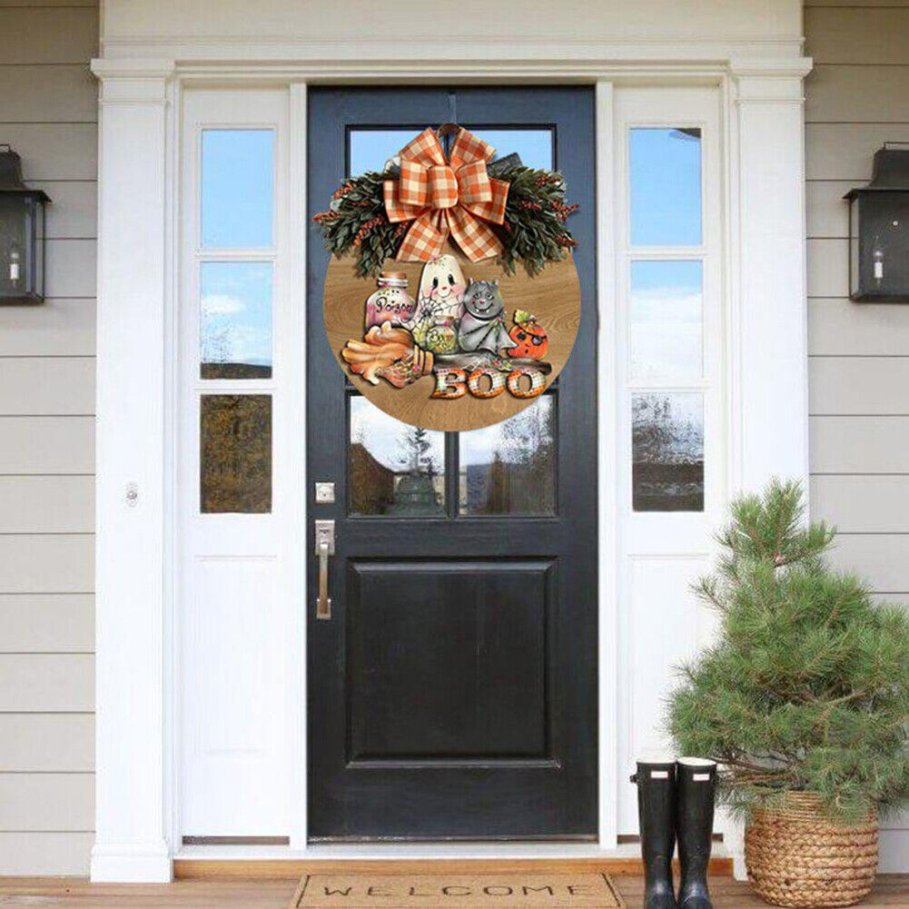 Halloween Pumpkin Bow Wreath Hanging Wooden Door Autumn Garland Pendants