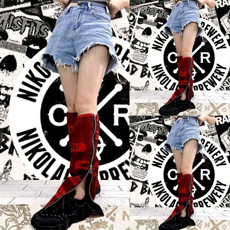 Harajuku Women Red Flared Leg Warmers Punk Letters Side Zipper Foot Cover Socks