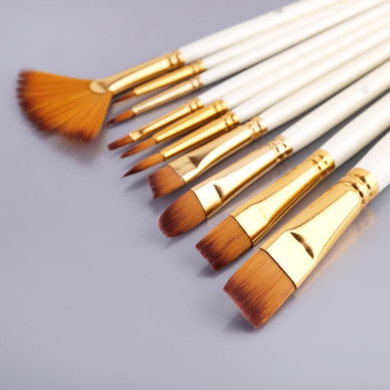 10pcs Nylon Hair Wooden Handle Watercolor Paint Brush Pen Oil Acrylic Painting