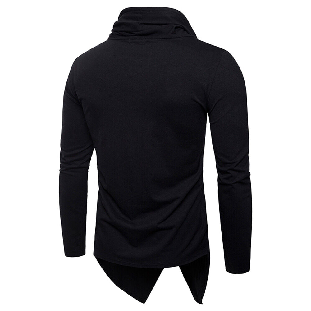 Hip Hop Men Irregular Hem Long Sleeve Hooded T-Shirt Streetwear(Black)(XXL)