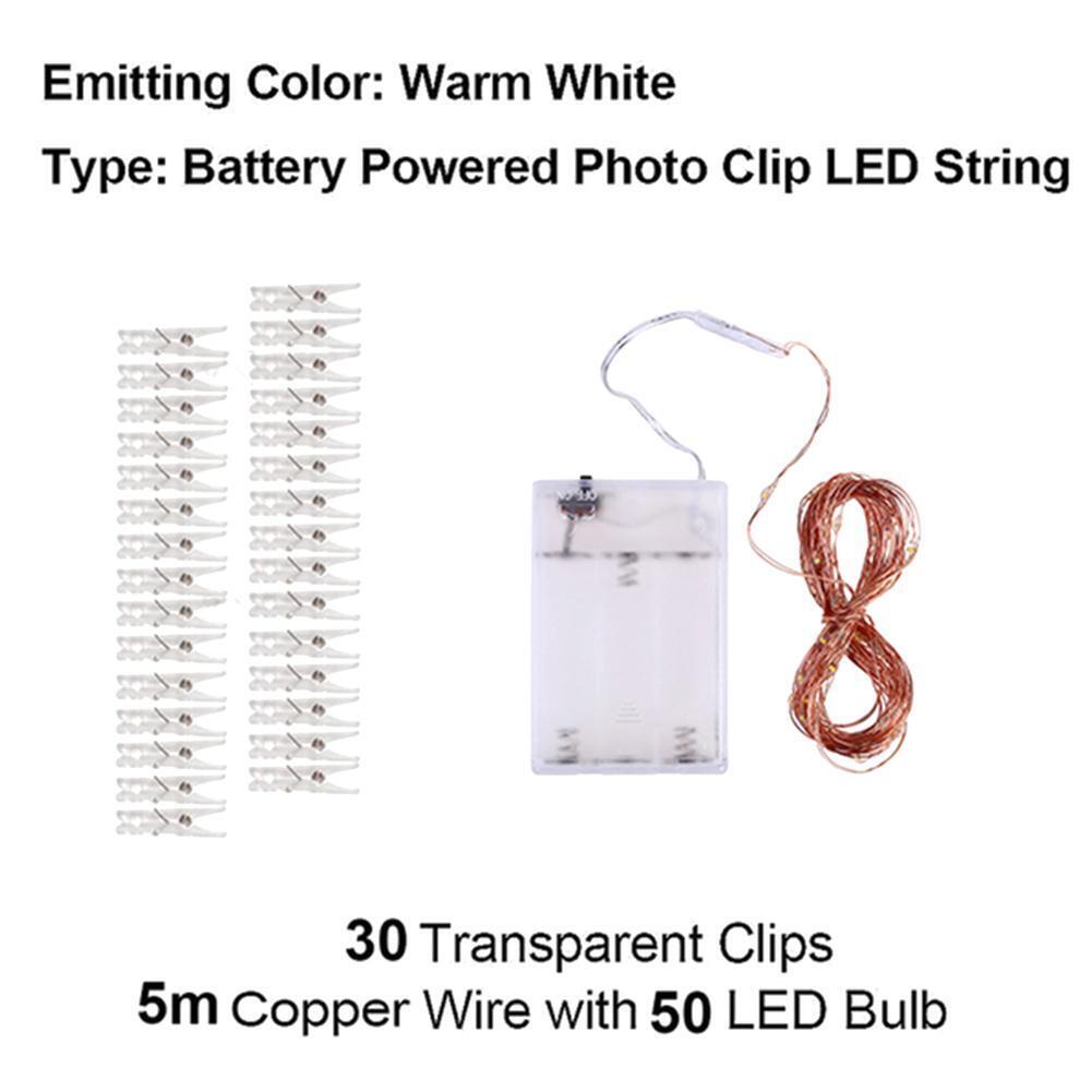 USB LED Photo Clips Lamp Garlands Battery for Wedding Xmas Star Light (5m)