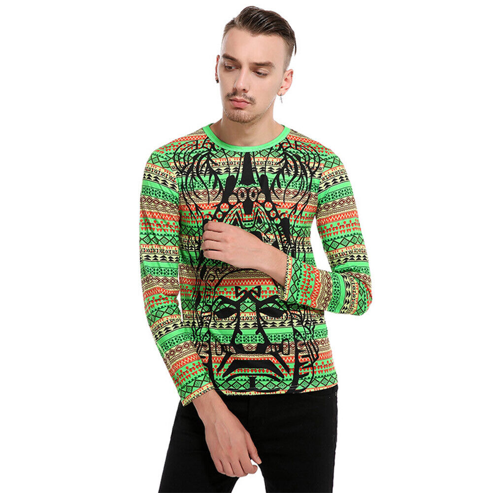 Cartoon Striped Print Men Long Sleeve T-shirt Casual O-Neck Tops Tee(XXL)-1