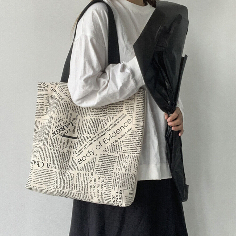 Women Canvas Newspaper Print Shoulder Shopping Bags Large Tote Handbags