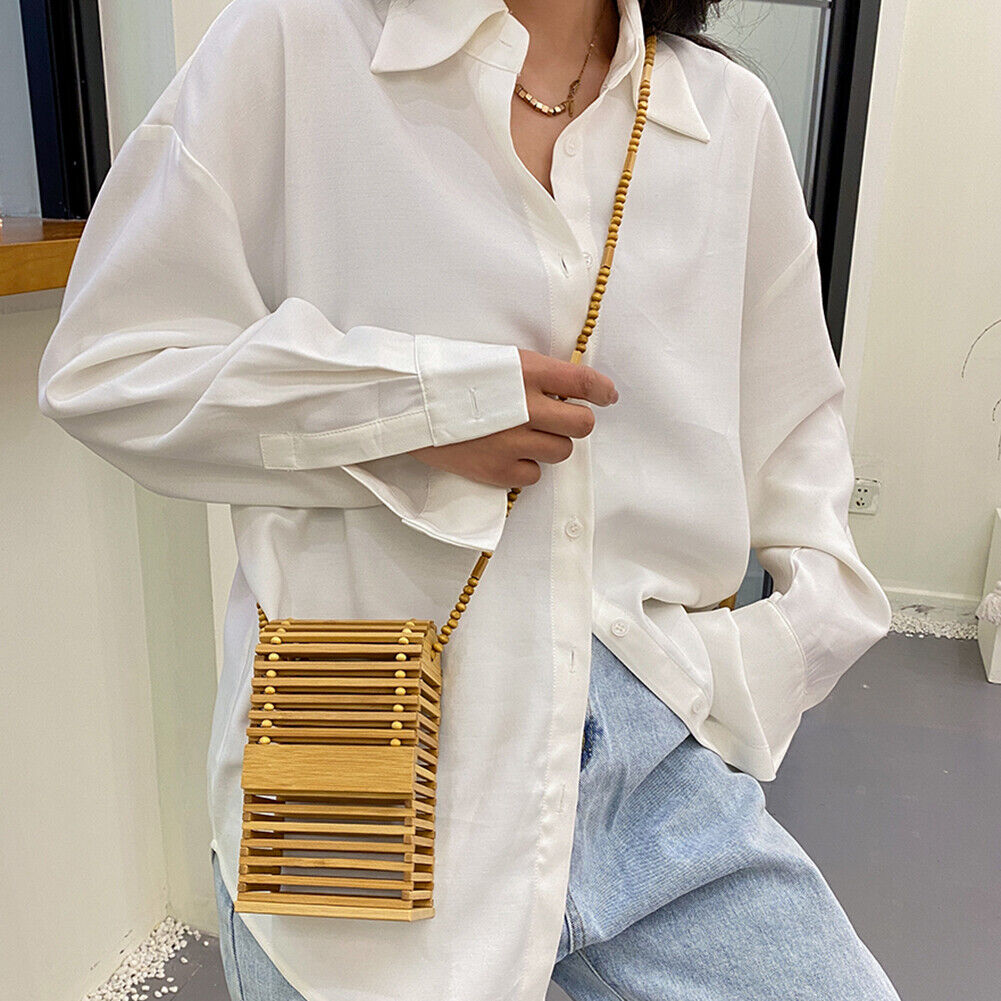 Fashion Women Bamboo Strips Phone Mini Crossbody Shoulder Messenger Bag