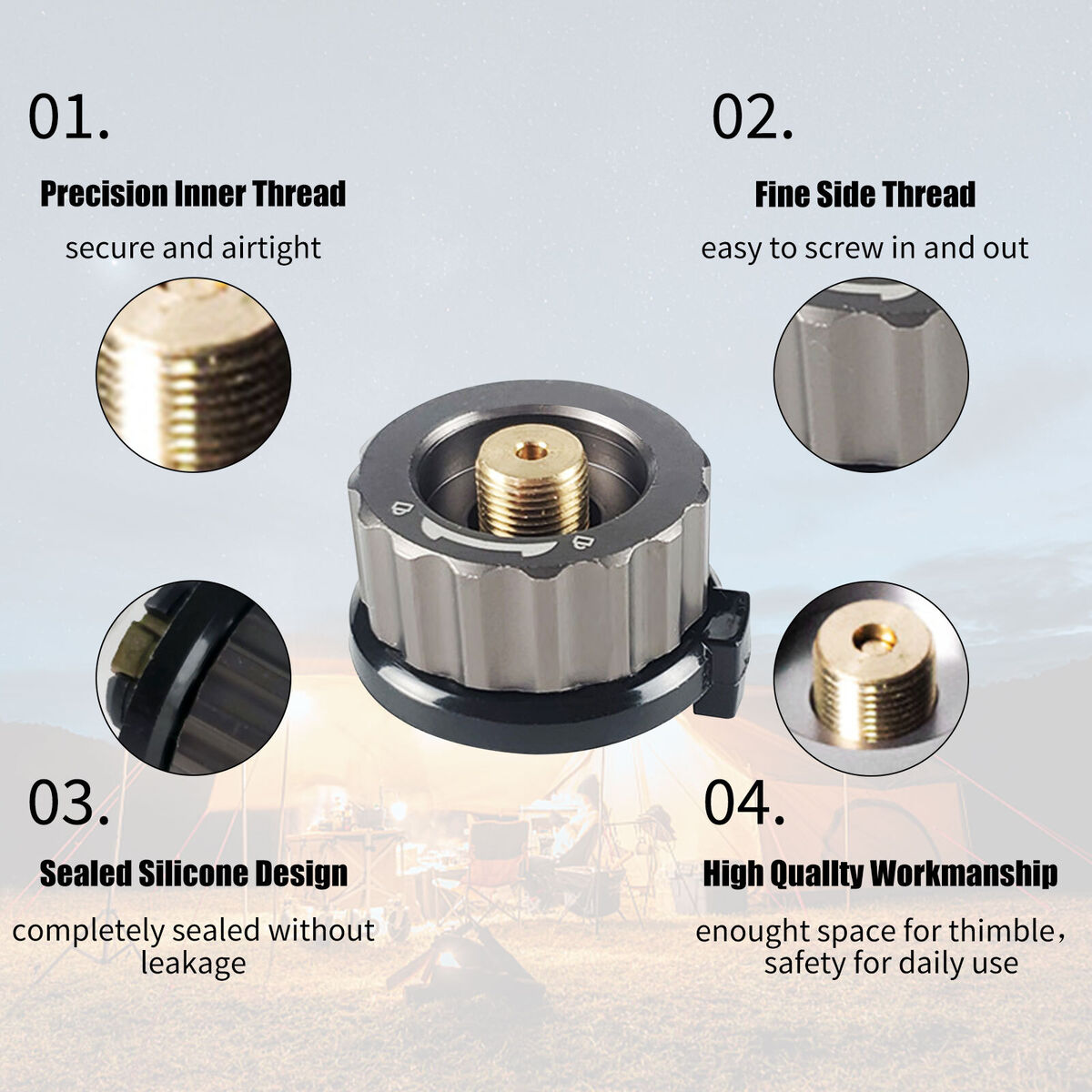 Black Camping Stove Adapter Gas Adapter Converter & Auto-Closer Function
