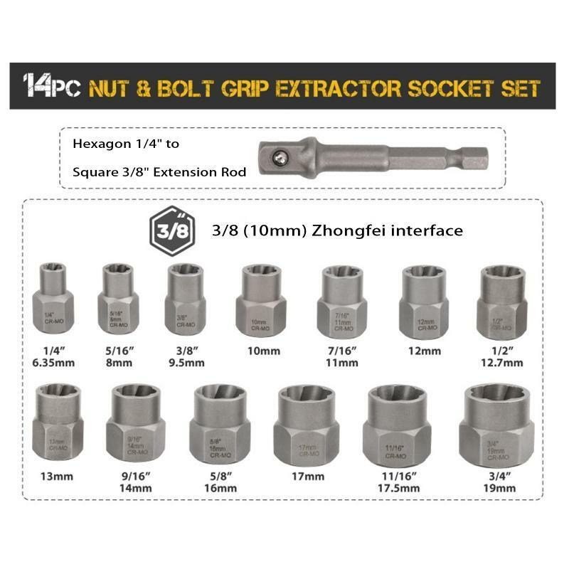 14 Pcs Damaged Screw Extractor Cr-Mo Steel Bolt Nut Remover Car Tool Kit Tool