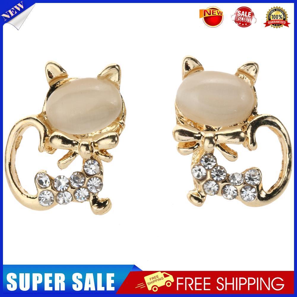 Cat Eye Stone Diamond Shiny Kitty Cute Small Animal Earrings (White)
