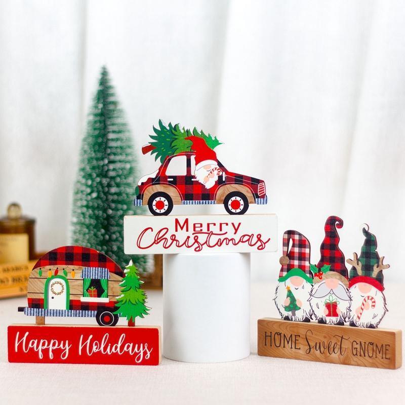 Christmas Wood Ornaments Set of 3 Gnome Elf Decoration New Year Holiday Decor