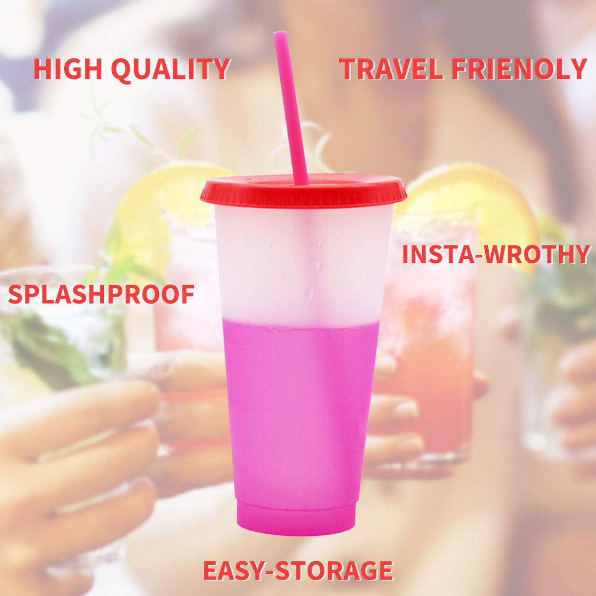 Plastic Color Changing Cup Cold Drink Sensing Travel Tumbler with Straw (C)